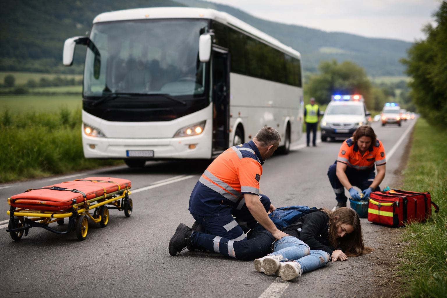 Adolescenta ranita dupa ce a cazut dintr-un autocar aflat in mers, pe un drum din Bistrita-Nasaud